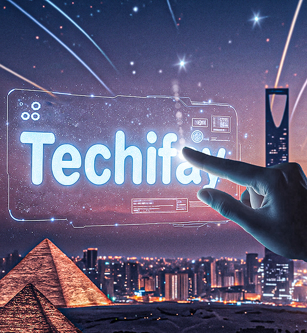 Futuristic interface showing Techifay brand over Cairo and Riyadh skyline, symbolizing digital transformation across Egypt and Saudi Arabia